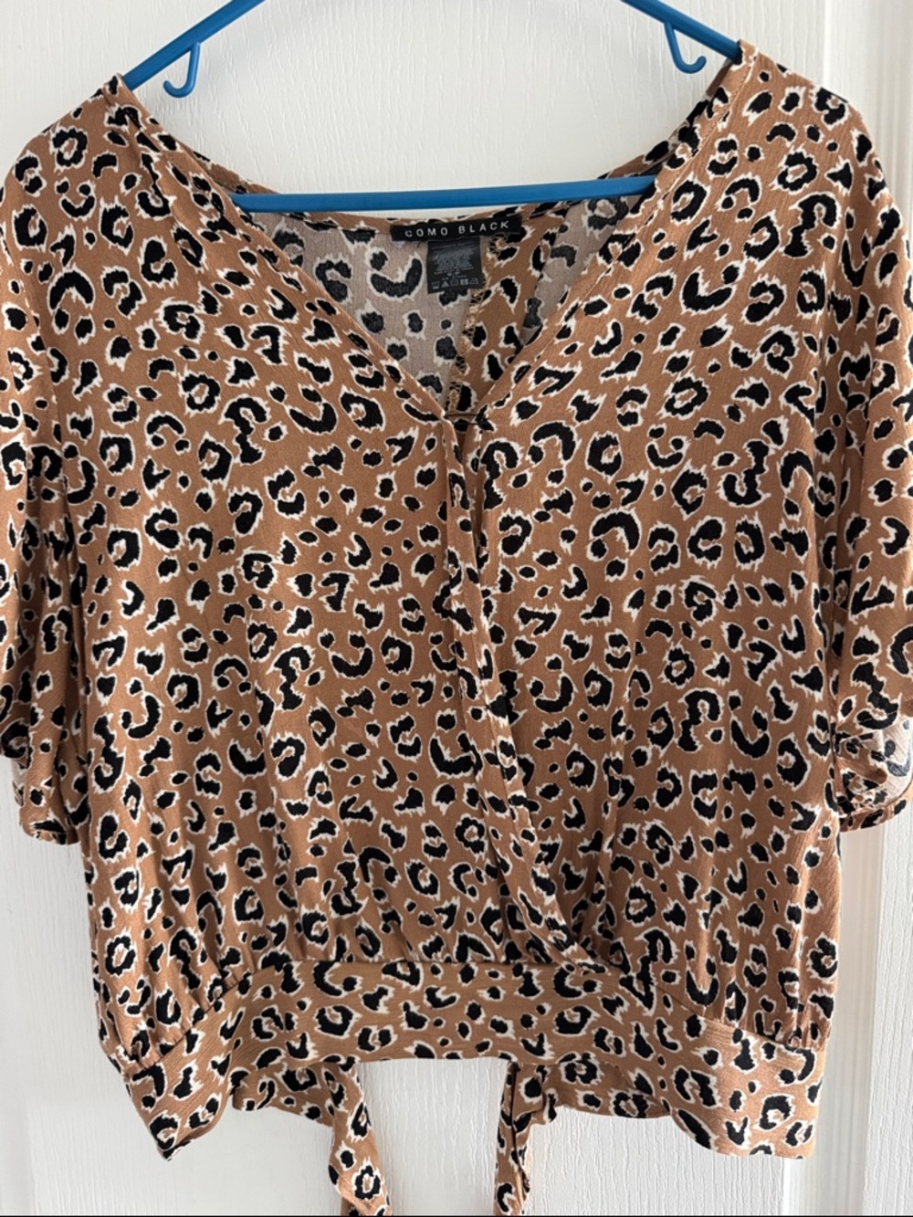 Como Black Women's Tan Leopard Print Tie-Front Blouse